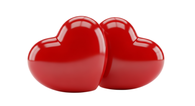 Two glossy red hearts isolated on a transparent background