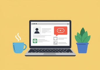 illustration of a remote work desk setup with laptop, coffee, and plant. Designed in clean and simple colorful flat style, perfect for content about work from home, freelance, and digital lifestyle.