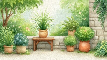 Obraz premium Serene Garden with Potted Plants and Stone Wall