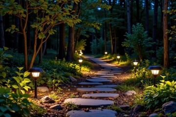 Fototapeta premium a forest walkway at night lit by solar ground lamps and hidden leds, emphasizing natural colors of plants and stones, creating a bright yet calm feeling throughout the serene path.