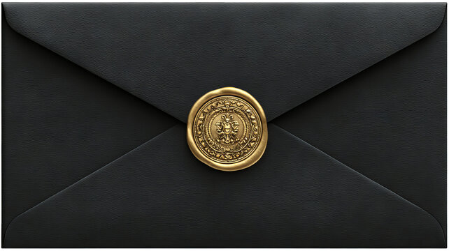 Elegant black envelope with gold wax seal — high-resolution transparent background PNG cutout for luxury wedding invitations, greeting cards, formal letters, event announcements, branding mockups