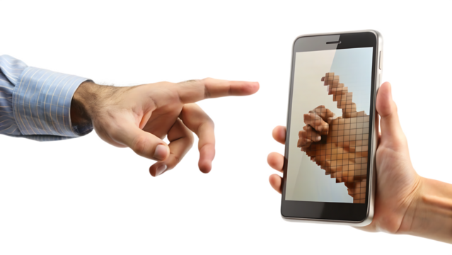 A pixelated hand extends from a smartphone screen, reaching towards a realistic human hand isolated on white Background ,PNG.AI .Generated.