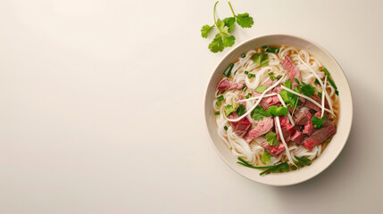 Isolated bowl of Vietnamese pho on white background, rice noodles, beef, and fresh herbs