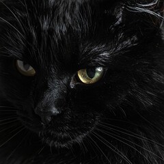 Detailed Portrait of a Black Cat with Yellow Eyes and a Shiny Coat Furry Face