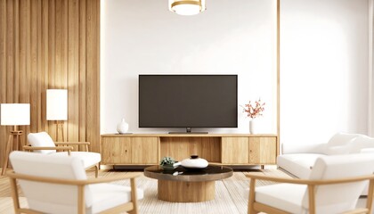 A modern, minimalist living room showcasing a light wooden entertainment center, white furnishings, and a neutral color palette.