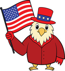 Patriotic Cartoon Bald Eagle Holding an American Flag