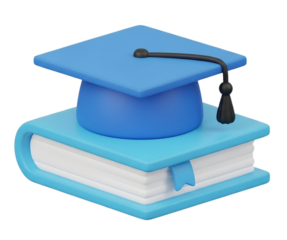 A 3D rendered image of a blue graduation cap on top of a book, symbolizing education.