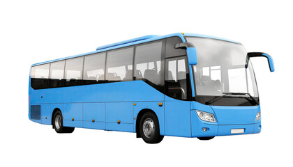 Modern blue tour bus, passenger transportation vehicle concept, isolated on white background
