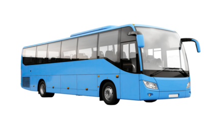 Modern blue tour bus, passenger transportation vehicle concept, isolated on white background