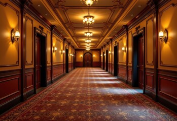 a retro cinema hallway with soft yellow bulbs and glowing floor designs, enhancing vintage carpet colors and textures for a nostalgic welcoming feel.