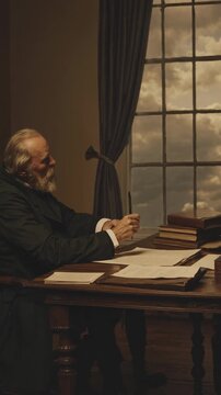 Vintage-style video still of an elderly man writing at a wooden desk, side angle. Dramatic lighting with a cloudy window backdrop.