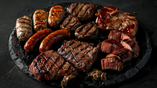 Isolated Argentinian Parrillada on black background, grilled meats with charred textures in focus
