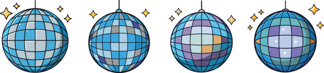 Set of Blue Disco Ball Vector Illustrations