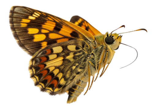A fiery skipper butterfly (Hylephila phyleus) with detailed wing patterns on a white background.