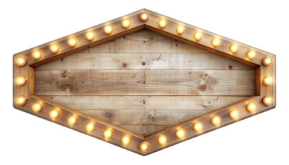 Wooden hexagonal frame glowing with circular light bulbs, decorative illuminated design concept, isolated on white background