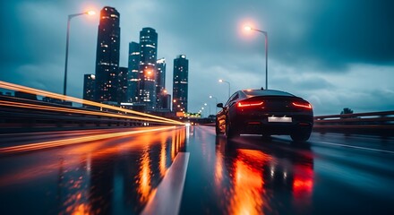 Sleek car drives on wet city street at night image