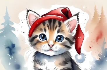 Watercolor portrait of a kitten in a Santa hat