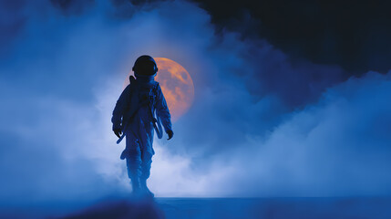  Astronaut exploring a misty, distant world with a large glowing moon in a dark blue sky