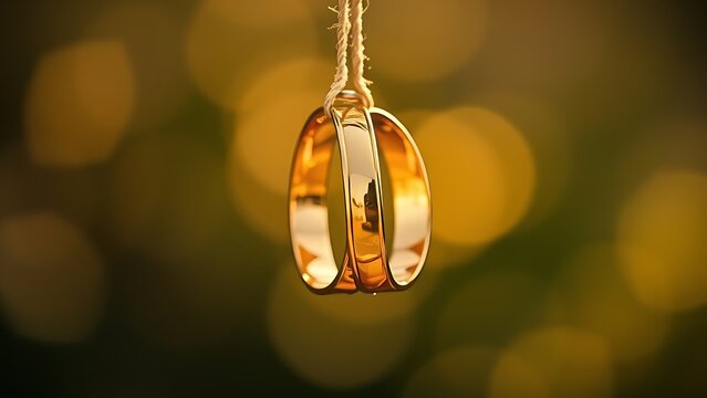 Golden wedding rings hanging gracefully, symbolizing love and commitment with a soft background.