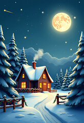 Illustration with a cozy house in a winter forest