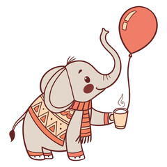 An adorable ElephantElephant with a Content vibe, with a balloon, and a Warm Cozy Christmas theme – SVG style