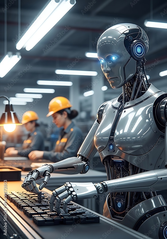 Aufkleber Robot typing on keyboard in factory android artificial intelligence