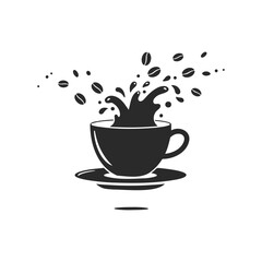 Splashing coffee cup with flying beans on white background