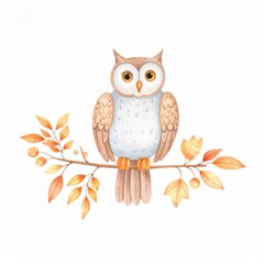 Fototapeta premium Watercolor Owl Perched on Autumn Branch with Golden Leaves Isolated on White