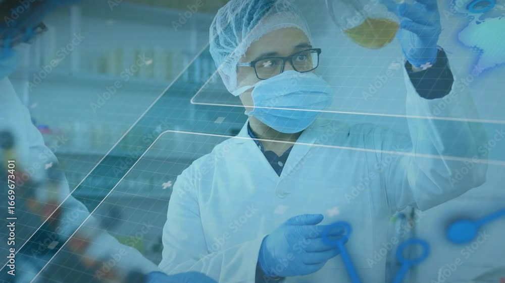 Poster researchers gesturing at microscope initiating molecular overlays while rotating flask in lab