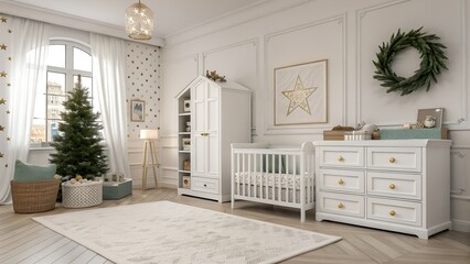 Photoreal New England kids room in luxury classic European design featuring softbox-style ambient glow and matte white with forest green palette