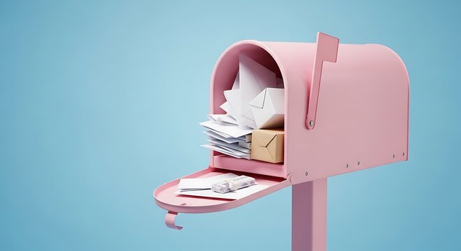 Pink mailbox filled with letters and packages mail delivery