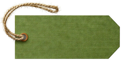 Green price tag with string — blank paper label isolated on transparent background, high-resolution PNG cutout for retail pricing, gift tags, packaging and branding mockups, e-commerce product