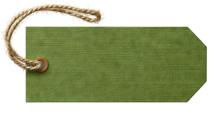 Green price tag with string — blank paper label isolated on transparent background, high-resolution PNG cutout for retail pricing, gift tags, packaging and branding mockups, e-commerce product