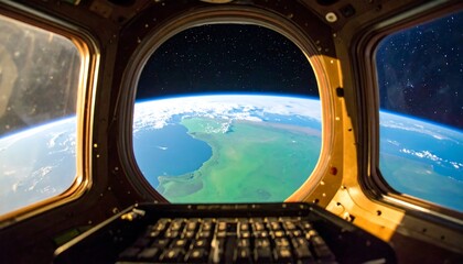Stunning view of Earth from a spacecraft window, showcasing a vibrant green body of water amidst the star-studded expanse of space.