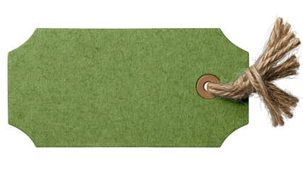 Green price tag with string — blank paper label isolated on transparent background, high-resolution PNG cutout for retail pricing, gift tags, packaging and branding mockups, e-commerce product