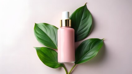 Pink cosmetic bottle with green leaves