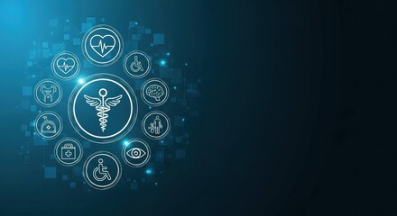 Circular arrangement of white medical icons and symbols on a dark blue digital background with a caduceus in the center