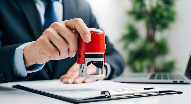 Person stamping document with red seal office