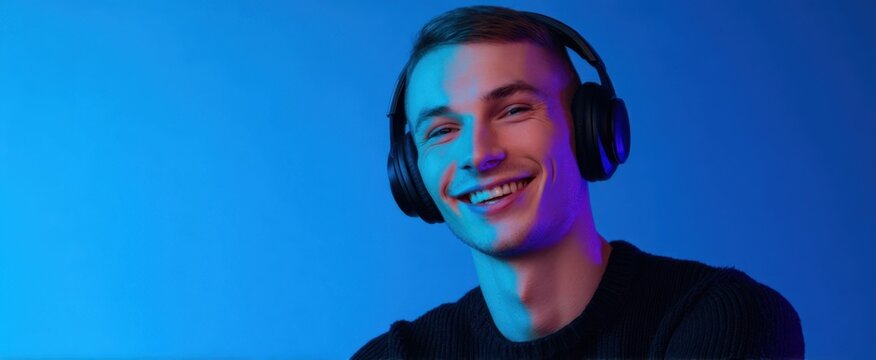 The young man with headphones enjoying music under vibrant blue neon studio lighting - Powered by Adobe