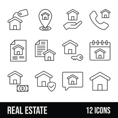 Real estate icons representing buying, selling, renting, and managing properties