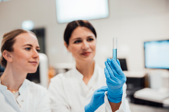 Scientist analyzing blue liquid in Reha tube in laboratory setting