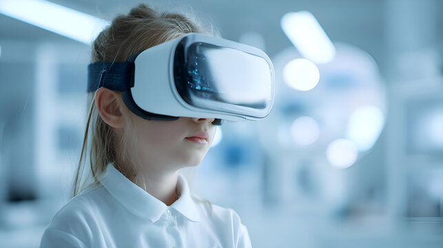 Young girl exploring virtual reality with VR headset, experiencing immersive digital technology in a modern setting for future concepts