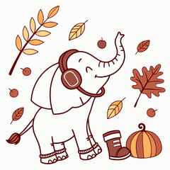 Autumn Leaves colored ElephantElephant with a Funny touch, placed in a Autumn theme and styled with wearing headphones
