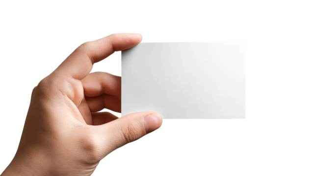 Hand holding blank white paper card — high-resolution isolated object with soft shadow — transparent background PNG-style cutout for mockups, branding, packaging, price tags, stickers and flyers