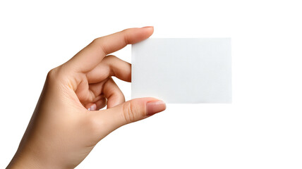 Fototapeta premium Hand holding blank white paper card — high-resolution isolated object with soft shadow — transparent background PNG-style cutout for mockups, branding, packaging, price tags, stickers and flyers