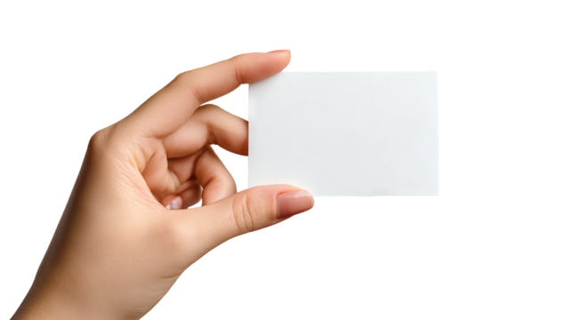 Hand holding blank white paper card — high-resolution isolated object with soft shadow — transparent background PNG-style cutout for mockups, branding, packaging, price tags, stickers and flyers
