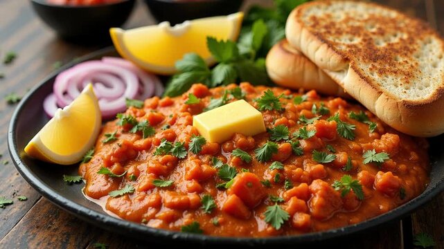 Flavors explode in this video of Pav Bhaji, Mumbai's iconic street food with bread, lemon, and onions ready to tantalize your taste buds