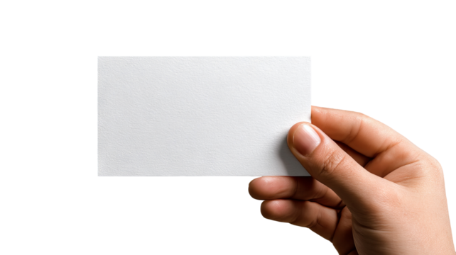 Hand holding blank white paper card — high-resolution isolated object with soft shadow — transparent background PNG-style cutout for mockups, branding, packaging, price tags, stickers and flyers - Powered by Adobe