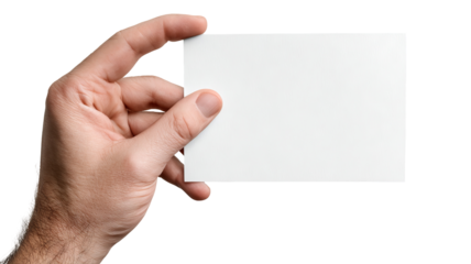 Hand holding blank paper label — high-resolution isolated mockup on transparent background (PNG), realistic cutout for branding, packaging, price tag, sticker, and advertising design presentations