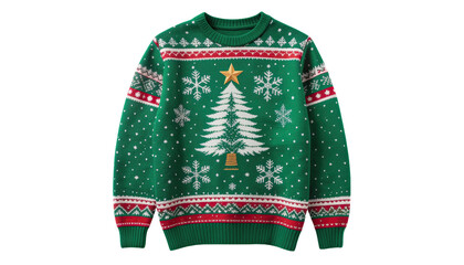 Green Christmas sweater with festive pattern, cozy holiday fashion concept, isolated on white background